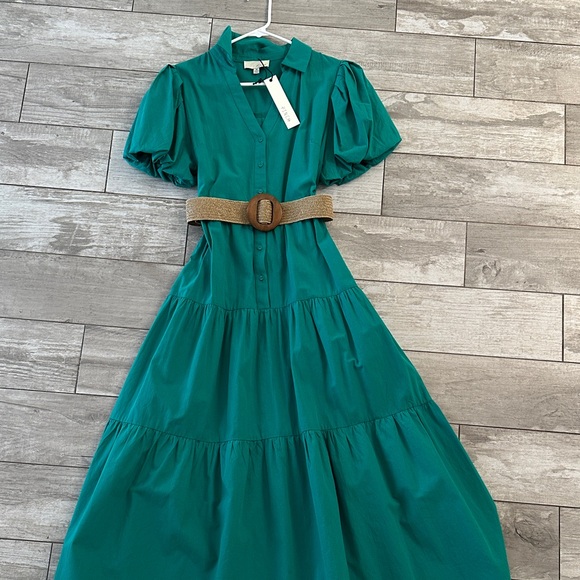 Pinch Dresses & Skirts - Pinch Teal Tiered Maxi Dress with Puff Sleeves and Woven Belt